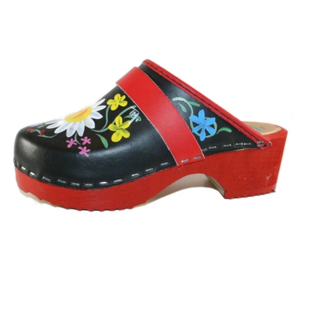 Tessa Clogs Sweden Black Leather Floral Hand Painted Wood Clog Mules Womens 38